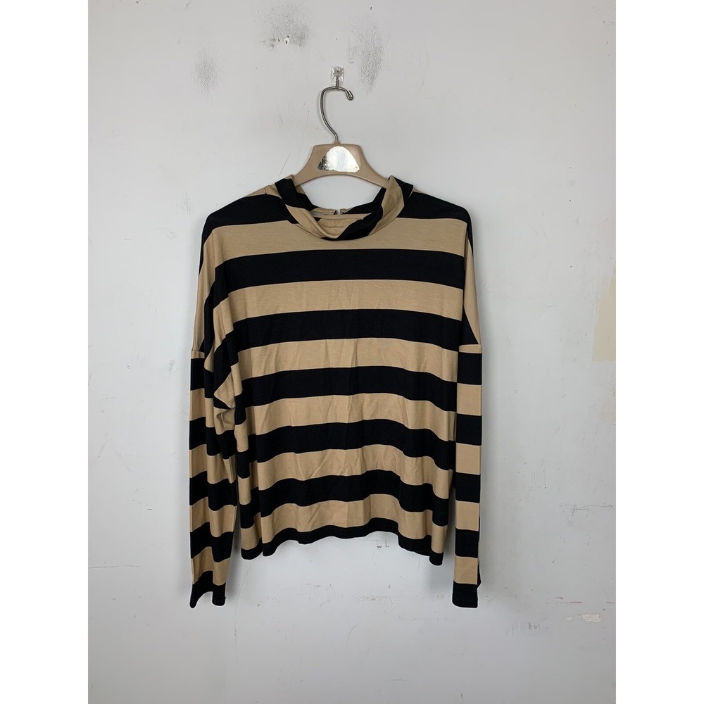 Chicos Womens Shirt 3‎ XL Beige Striped Preppy Twee Stretchy Basic Capsule Paris